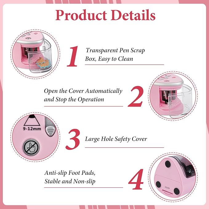 AUAUY Electric Pencil Sharpener with Double Hole, Battery Operated Automatic Sharpener with 2 Extra Knife Holders, for 6-8mm/9-12mm Standard Pencils, Colored Pencils, and Skectch Pencils（Pink）