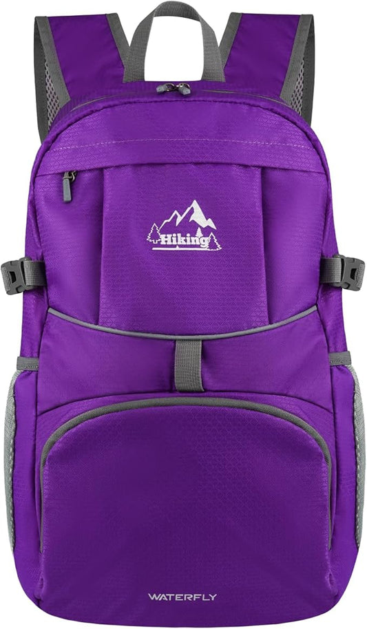 WATERFLY Hiking Packable Daypack Backpack: 35L Ultra Lightweight Day Pack for Women Men - Large Foldable Back Pack for Outdoor Sport Cycling Camping Travel Trip - Purple