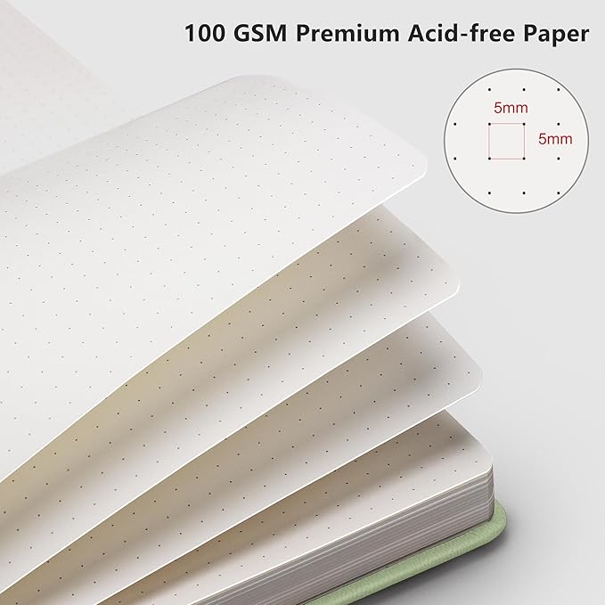 RETTACY Dotted Journal Notebook, 192 Pages, A5 Medium Size (5.7'' x 8.3''), Leather Hardcover, 100 GSM Thick Paper, for Journaling, Planning, Tracking (Light Green)