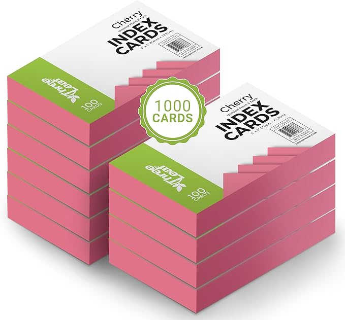 THREE LEAF 3 X 5, INDEX CARDS UNRULED, 1000 CT. (100 x 10) CHERRY, Blank Flash Cards, Study Card, Memo Pad, For To-Do List, Art And Craft Projects