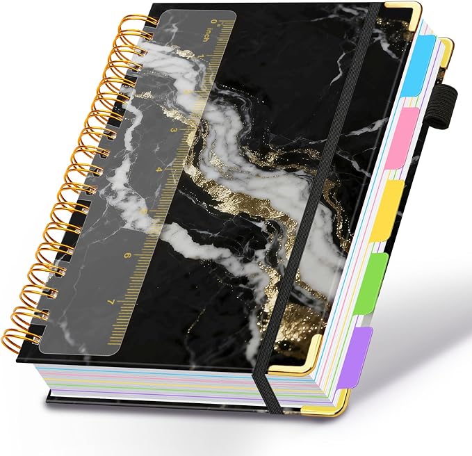 Spiral Journal Notebooks for Work, 300 Pages 5 Subject Notebook College Ruled with Dividers & Tabs, A5 Notebook Journal for Women Students Note-Taking and Organizer (Midnight Marble)
