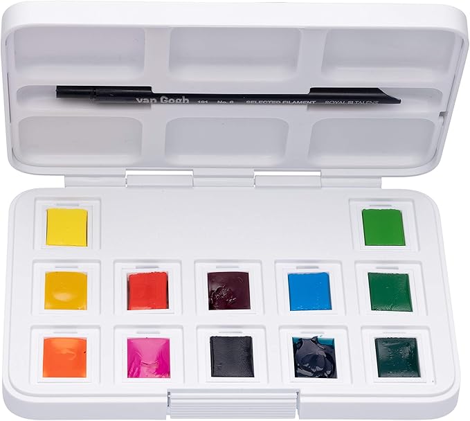 Van Gogh Watercolor Paint Set, Plastic Pocketbox, 12-Half Pan Vibrant Colors Selection