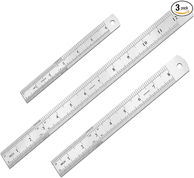 3 Pack Metal Ruler, Double-Sided Scale【6,8,12inch & 15,20,30cm】 Steel Ruler Set for Architects, Home, School, Office and Craft