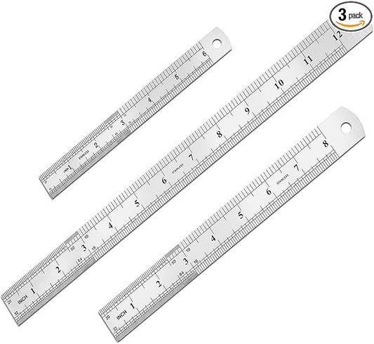 3 Pack Metal Ruler, Double-Sided Scale【6,8,12inch & 15,20,30cm】 Steel Ruler Set for Architects, Home, School, Office and Craft