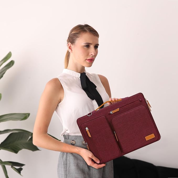 MOSISO 360 Protective Laptop Shoulder Bag,17-17.3 inch Computer Bag Compatible with MacBook, HP, Dell, Lenovo, Asus Notebook,Side Open Messenger Bag with 4 Zipper Pockets&Handle, Wine Red