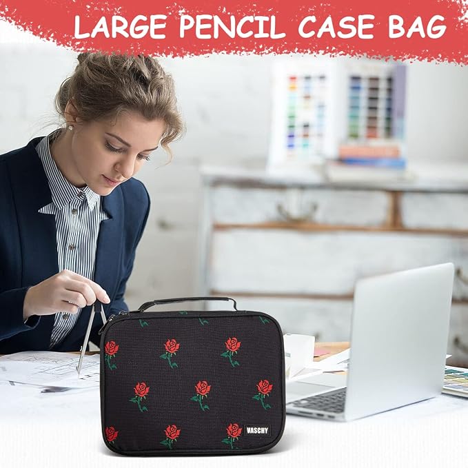 VASCHY Large Pencil Case Bag, Art Supply Marker Organizer Big Pen Pouch with Detachable Layers Slots Multiple Zipper Pockets for Kids Adults School Office Black Rose