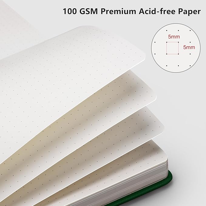 RETTACY Dotted Journal Notebook, 192 Pages, A5 Medium Size (5.7'' x 8.3''), Leather Hardcover, 100 GSM Thick Paper, for Journaling, Planning, Tracking (Dark Green)