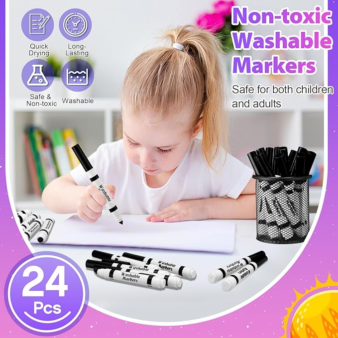 24 Pcs Washable Markers Bulk Broad Line Markers Coloring Conical Tip Large pens for Kids art projects, Teachers, Students, Toddlers, Party Favors, Classrooms, Donations(Black)