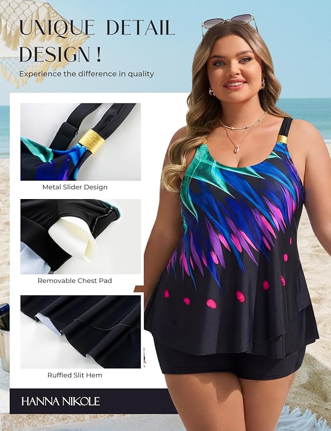 Hanna Nikole Womens Tankini Swimsuits 2 Piece Bathing Suit Flowy Ruffle Tankini Tops with Swim Shorts
