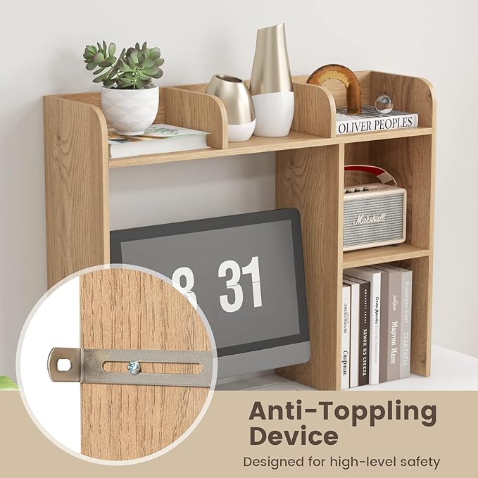 Giantex Desktop Bookshelf, Wood Desk Hutch Organizer for 27 Inch Computer Monitor, Countertop Storage Display Rack with 5 Shelves, Multipurpose Desktop Shelf Bookcase for Dorm Office Home, Natural