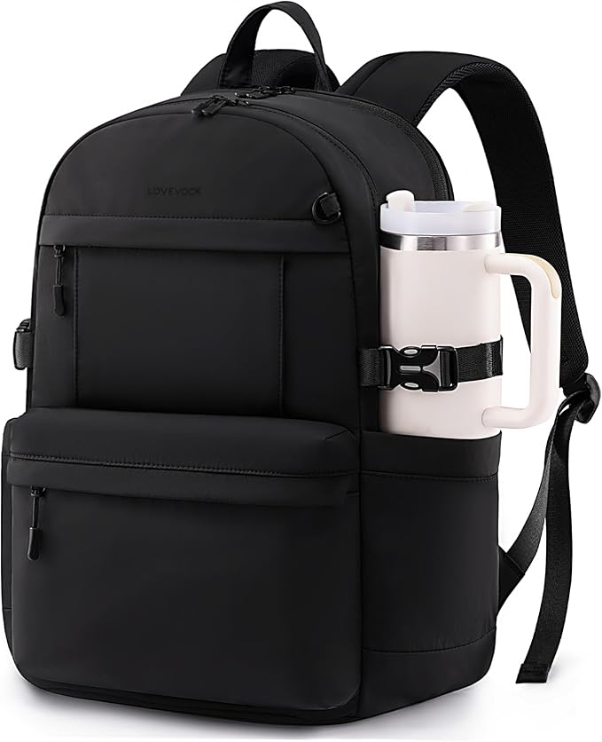 LOVEVOOK Laptop Backpack for Women with Giant Tumbler Holder,17.3 Inch Laptop Computer Bag Travel Backpack Purse,Waterproof Work Business Backpack College Bookbag Teacher Bags,Black