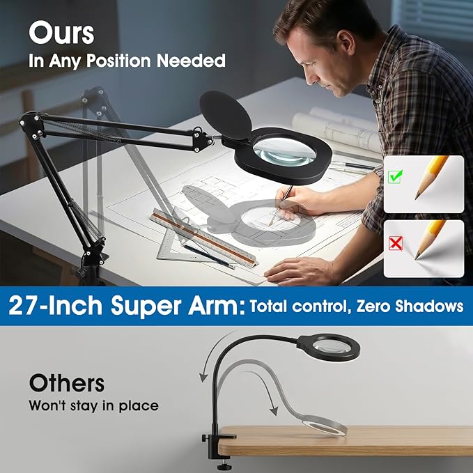 LIONVISON 10X Magnifying Glass with Light and Stand：27 Inch Extra Long Arm Magnifying Lamp, Stepless Dimmable & Color Temperature LED Lighted Magnifier, Clamp Magnifier for Reading Crafts Close Work