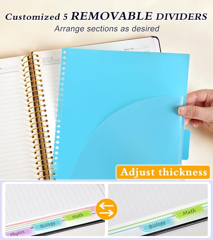 5 Subject Notebook College Ruled with Removable Pocket Dividers Tabs, 240 Pages Spiral Notebook 8.5 x 11, Lined Journal Notebook for Women , Hardcover Notebooks for Work School Note taking A4 Black