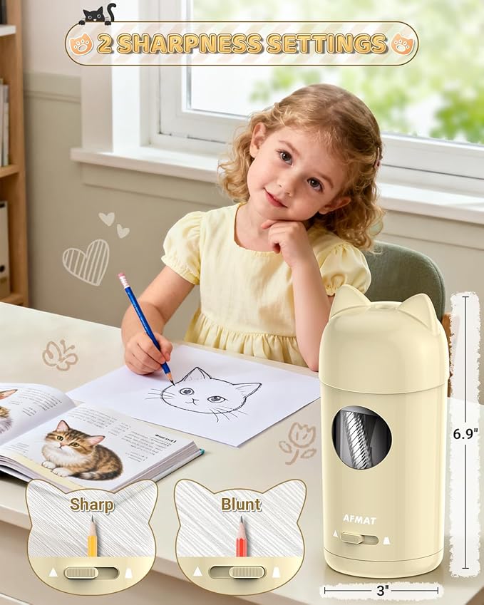 AFMAT Electric Pencil Sharpener, Colored Pencil Sharpener for φ7-8mm Pencils, Auto in & Out, Rechargeable & Cordless, Fully Automatic Hands-Free Pencil Sharpeners for Classroom Home Office PSX9