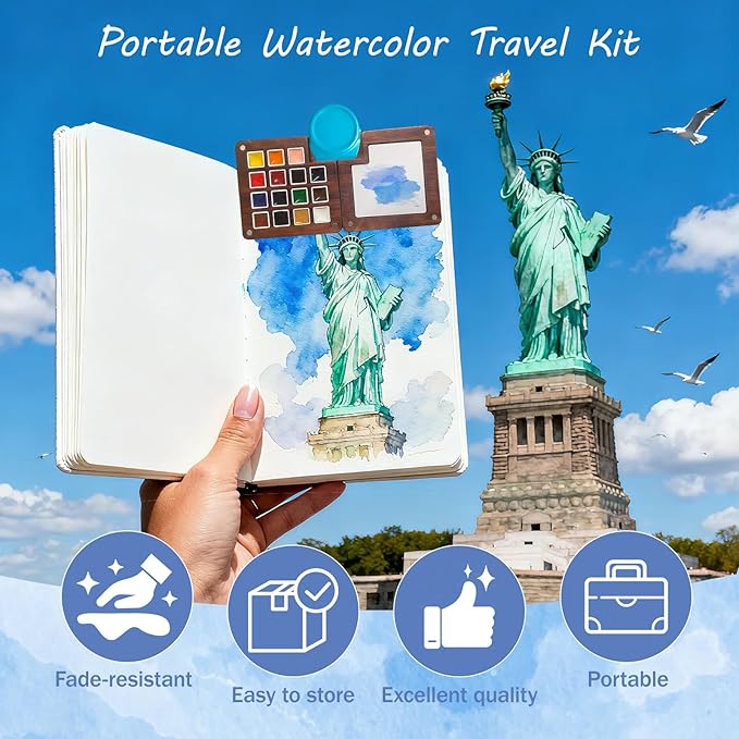 Mini Watercolor Travel Set, 12 Colors Portable Outdoor Art Kit with Walnut Wood 15-Panel Palette, Crossbody Bag, Watercolor Journal, Metal Clip, Water Cup & Brush Ideal for Artists & Beginners