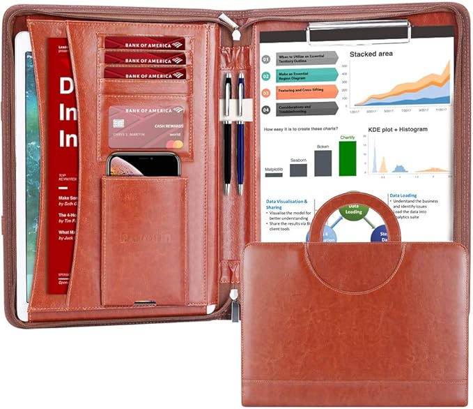 Darolin Vegan Leather Padfolio Portfolio with Handle & Clipboard, Zippered Business Portfolio Organizer for Meetings, Interviews & Travel, Fits A4 & Letter Size, Padfolio for Men Women (Brown)