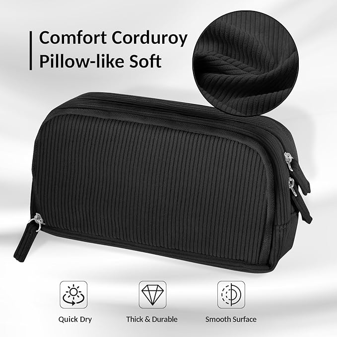 Sooez Big Capacity Pencil Case Pen Pouch, Soft Corduroy Pencil Bag with 3 Compartment, Multiple Pockets, Sturdy Zipper, Cute School Supplies Pen Bag Organizer For Teen Girls College, Black
