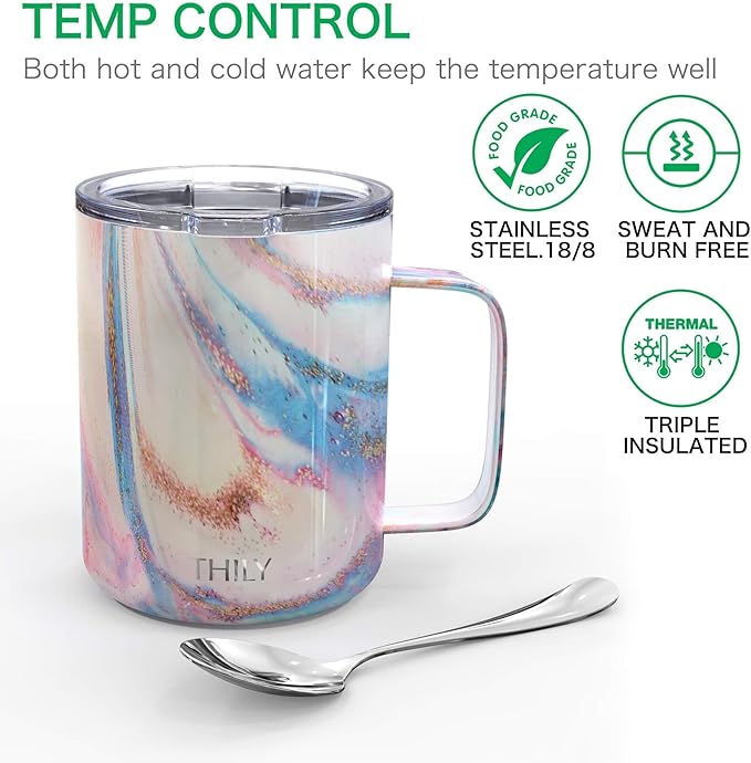 THILY Stainless Steel Insulated Coffee Mug 12 oz Vacuum Insulated Coffee Cup with Handle, Spill-Proof Lid, Keep Coffee Cold, Pink Ripple