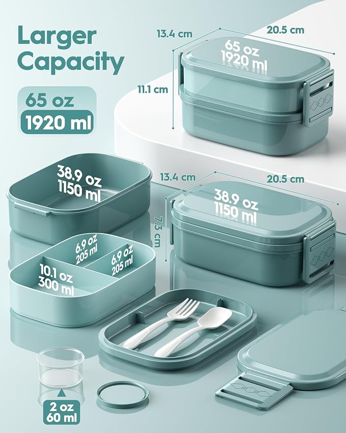 BiuLeon Bento Box Adult Lunch Box, 65 Oz Capacity Lunch Containers(Adjustable 2/3 Tier), BPA-Free, Leak-Proof and Stackable Bento Lunch Box, Microwave & Dishwasher Safe with Utensils(Green)