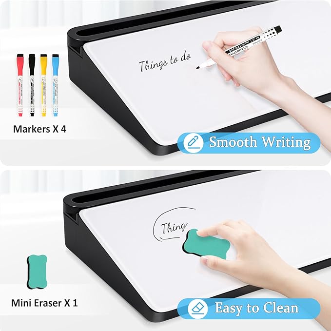 DOLLAR BOSS Glass Desk Whiteboard Small Dry Erase Board Desktop White Board with Storage Drawer Computer Keyboard Stand Desk Organizer School Supplies Office Accessories with 4 Markers 1 Eraser, White