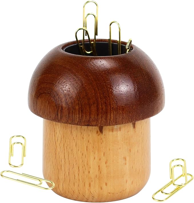 MultiBey Magnetic Mushroom Paper Clip Holder –Wooden Paperclip Holders for Desk with 100pcs 1.1in Gold Paperclips, Cute Paper Clip Dispenser for School,Home,Office