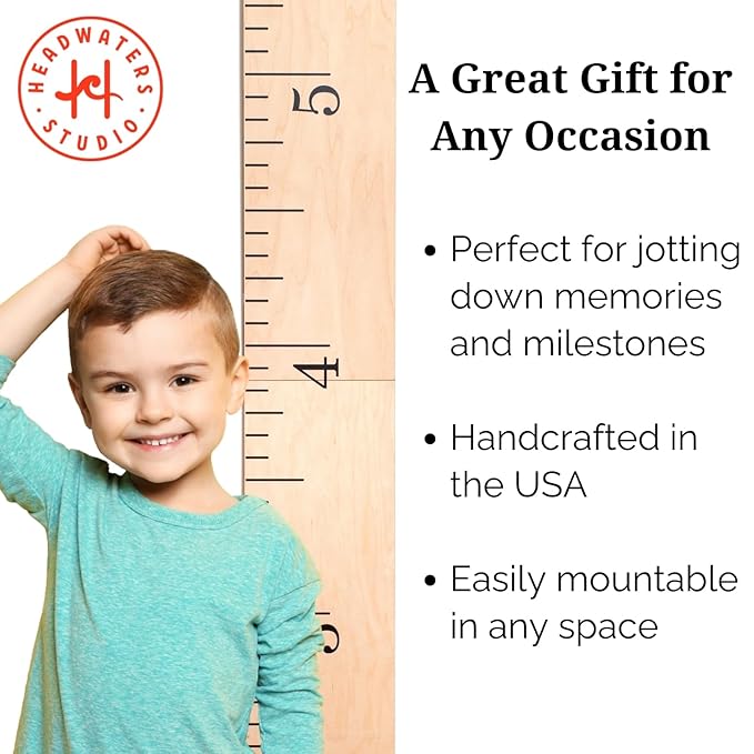 Growth Chart Art | Hanging Wooden Height Growth Chart to Measure Baby, Child, Grandchild - Naked Birch Classic Schoolhouse Ruler with Inches - Wall Decoration for Girls and Boys - 58"x5.75"