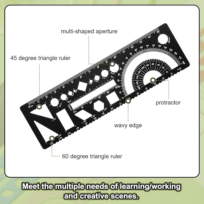 HARFINGTON 2pcs Multifunctional Geometric Rulers 15cm Metric and SAE Aluminum Straight Edge Protractor Angle Math Measuring Ruler Geometric Drawings Templates for Drawing Drafting, Black