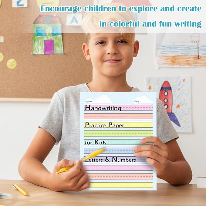 100 Sheets Multi-Color Raised Line Paper for Handwriting Practice, Wide Ruled Kindergarten Writing Paper, Double Sided, 8.5x11 inches, Educational Style
