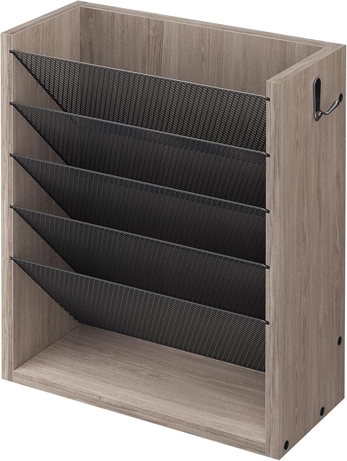 Creso hom Mail Organizer Wall Mounted, 6-Tier Wall File Organizer with 2 Hooks, Wooden Desk Organizer Magazine Holder with Bottom Flat Tray, for Office Home, Greige