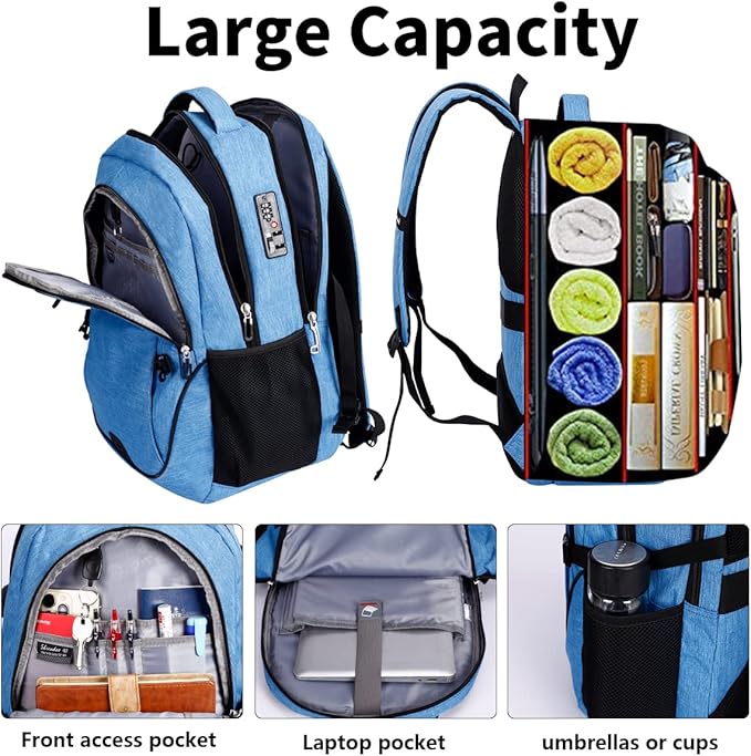 SHRRADOO Anti Theft Laptop Backpack Travel Backpacks with Combination Lock for Women Men College Backpack Computer Bag Fits 17 Inch Laptop,Sky Blue