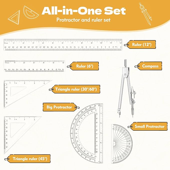 Geometry Set - 7Pcs Geometry Kit with Clear Plastic Ruler 12Inch & 6Inch, Triangle Ruler, Protractor and Compass Set for School Office Math Drawing Drafting Engineering Architecture Art