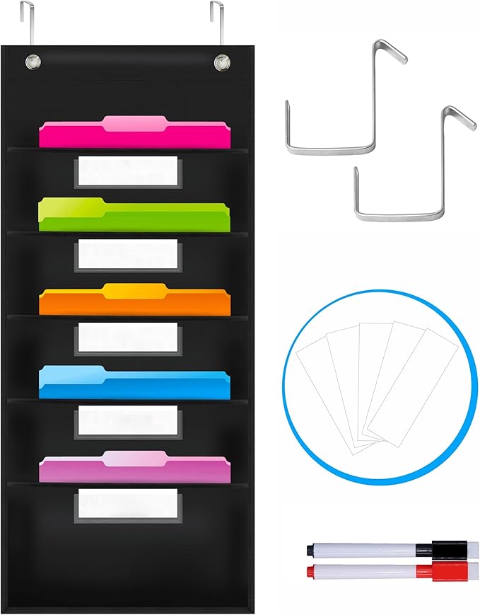 Vantasii Organization Pocket Chart, Wall File Organizer Folder with 5 File Pockets, 5 Dry-Erase Name Cards Plus 2 Over Door Hooks, 14 X 28 inch