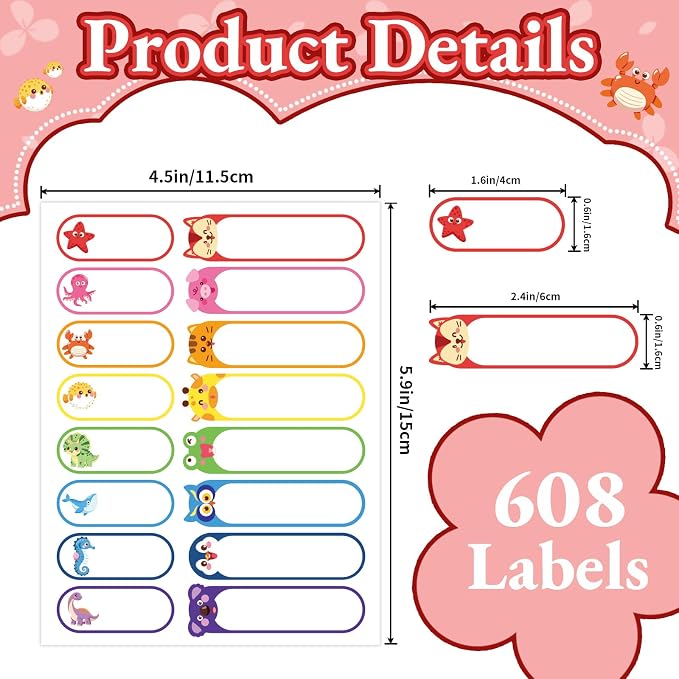 608PCS Daycare Labels, Bottle Name Labels for Kids (Animals) | Waterproof Labels for Bottles | Baby Name Label | Nursery and Preschool Essentials