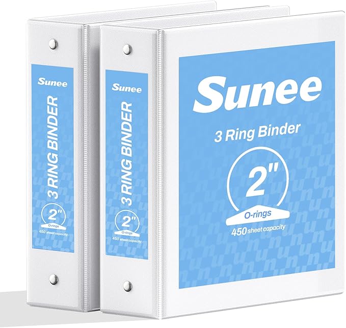 SUNEE 3 Ring Binder 2 Inch 2 Pack, Clear View Three Ring PVC-Free (Fit 8.5x11 Inches) for School or Office Supplies, White