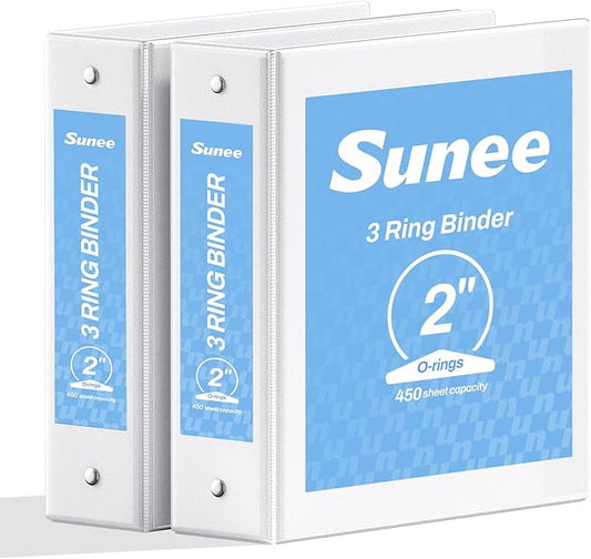 SUNEE 3 Ring Binder 2 Inch 2 Pack, Clear View Three Ring PVC-Free (Fit 8.5x11 Inches) for School or Office Supplies, White