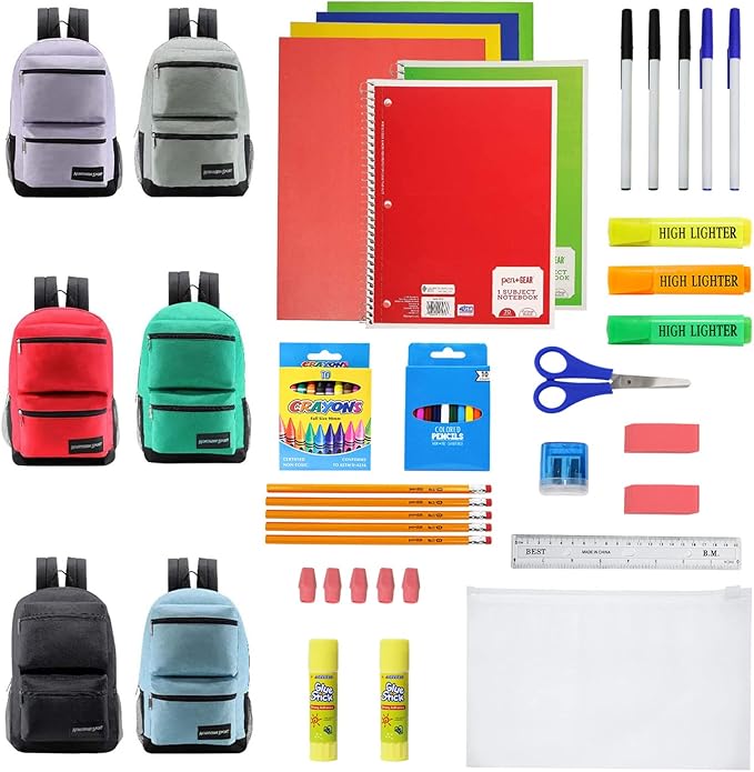 6-Pack 19” Sport Backpacks with 52 Piece School Supplies Kits - Pens, Pencils, Crayons – Bulk Bundle for Elementary, Middle, and High School Students, 6 Assorted Styles