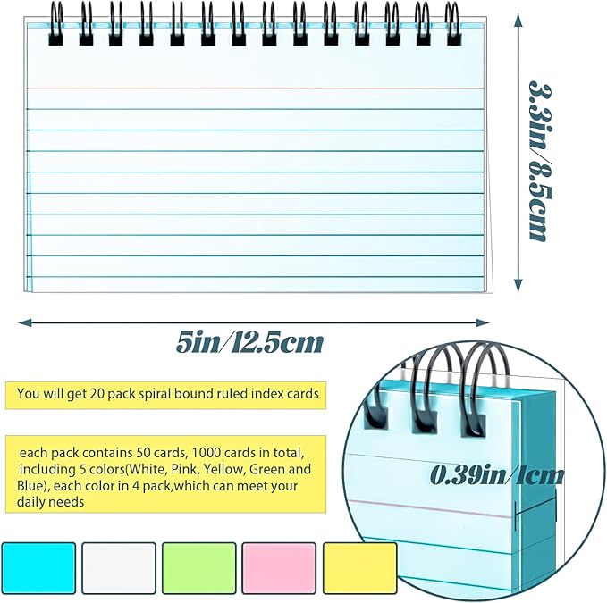 Colorful 1000 PCS Spiral Index Cards 3x5 Inch Flash Cards with Ring Lined Note Card Book Flashcards, Colored Ruled Card Pad Index Note Books 3 x 5 Notecards for Studying School Office Supply