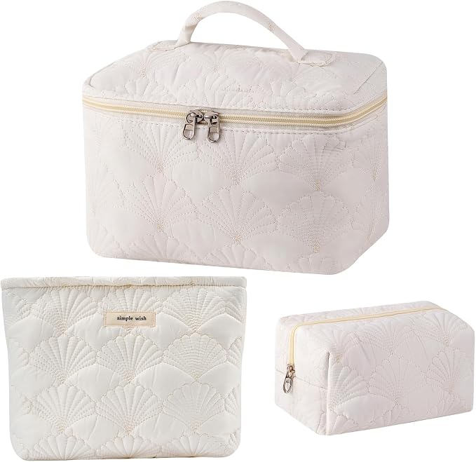 uekeboag 3Pcs White Shell Quilted Cotton Makeup Bag | Foldable,Lightweitht,Coquette Quilted Toiletry Bag for Women and Girls