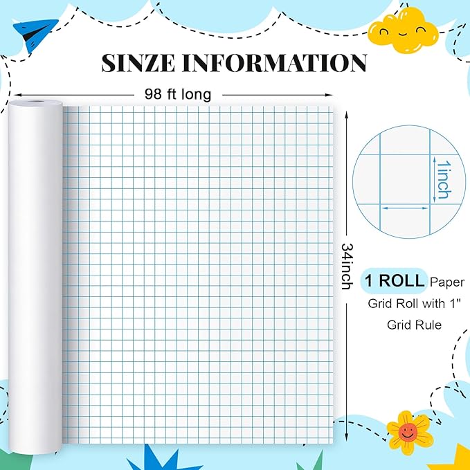Jetec 1 Roll Large Grid Graph Paper Roll 1'' Grid 33.9 Inch x 98ft Sewing Pattern Paper for Back to School Classroom Teaching Drafting Supplies Kids Students Gifts