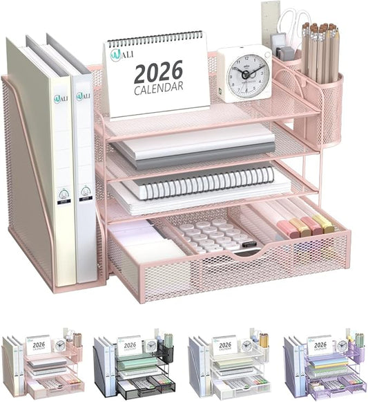 WALI Desk File Organizer, 4 Tier Desktop Paper Letter Tray Organizer with Drawer and 2 Pen Holders, Office Desk Accessories & Workspace Organizers for Office, Home Supplies(DO005DH-P), 1 Pack, Pink