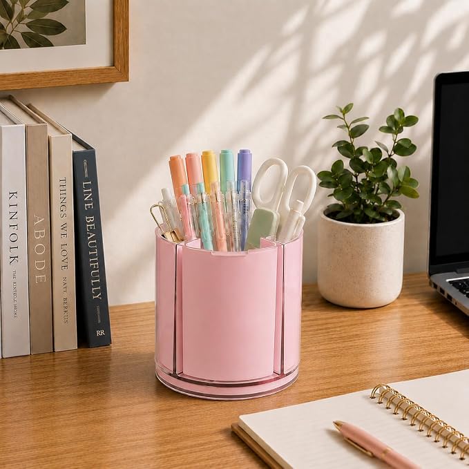 360° Rotating Pen Holder for Desk Adjustable Pencil Organizer, Pink | Plastic Pen Cup for Women Cute Office Supplies and Accessories Desktop Storage Box Art Caddy for School, Work, Home