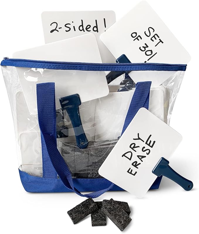 Trainers Warehouse Deluxe Whiteboards Combo Set: 30 Two-Sided Dry-Erase Answer Boards with Tote Bag & Mini Erasers | Sturdy, Easy-to-Hold & Clean, Blue Handles (6" x 7.75")