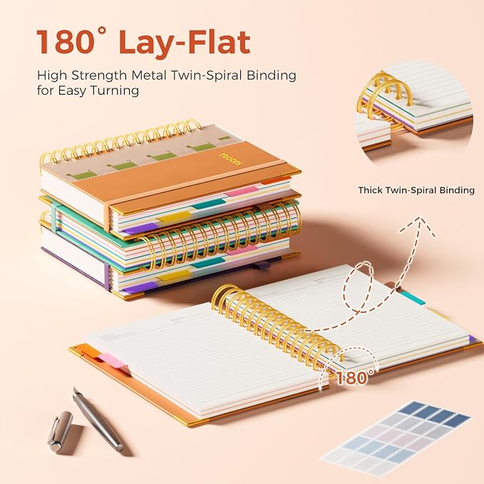 XYark A5 Hardcover Spiral Notebook, 6.3"x8.5" College Ruled Notebooks with Removable Dividers Tabs & Ruler, 5 Subject Notebook 300 Pages, Small Lined Journal for Women Men School Work Office, Orange