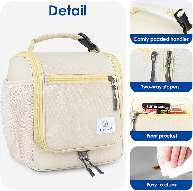 Genteen Kids Lunch Box, Insulated Lunch Bag for Kids, Toddler, Girl, and Boy; Holds Lunch Box, Water Bottle, & Snacks; Easy-Clean Water-Resistant Fabric & Multiple Zippered Pockets (Begie)