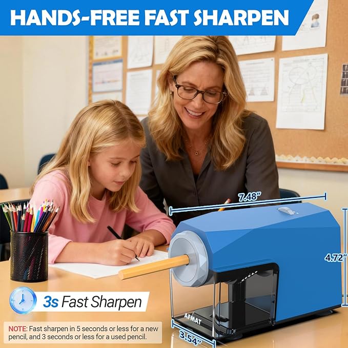 AFMAT Electric Pencil Sharpener, Fast & Hands-Free, 10K+ Uses, 5 Nibs, Fully Automatic Pencil Sharpener for Classroom, Heavy Duty Sharpeners for No.2/Jumbo/Colored Pencils (6.5-10.5mm) US Plug(120V)