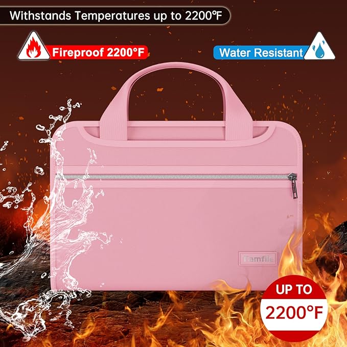 Tamfile Fireproof Accordion File Organizer with Handle, 13 Pocket Colorful Expanding File Folder with Zipper & Labels, File Folder with Multi-Pockets Paper Organizer Folder for Letter A4 Files (Pink)