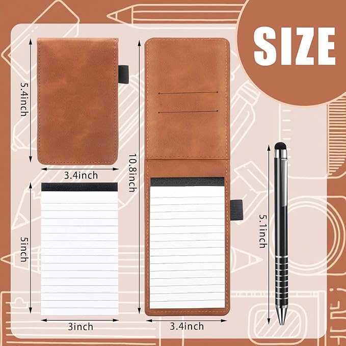 Outus 10 Pcs Mini Pocket Notepad Holder Set Included Small Leather Pocket Notebook Holder with 50 Lined Sheets, Metal Pen, 8 Pcs 3 x 5 Inch Memo Book Refills, 30 Lined Paper Per Note Pad (Camel，white)