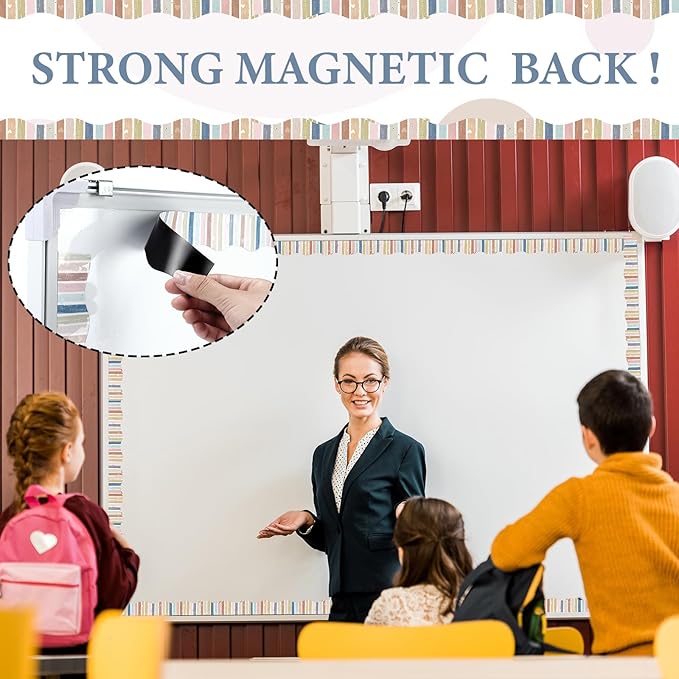 Tellegloww 36 ft Scalloped Magnetic Border Magnetic Border for Whiteboard Bulletin Board Borders Reusable Rolled Borders Trim for Office Chalkboard(Boho Stripes)