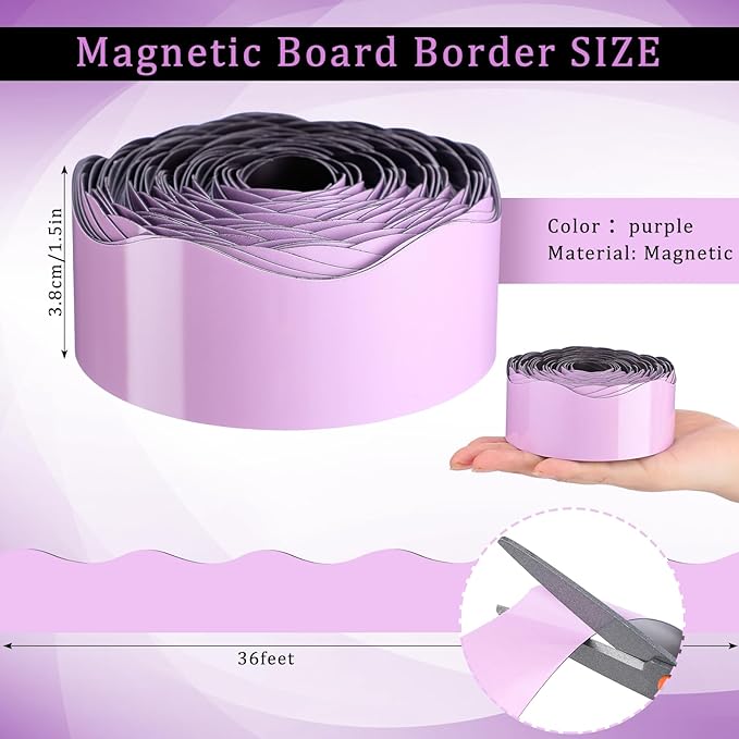 Tellegloww 36 ft Scalloped Magnetic Border Magnetic Border for Whiteboard Magnetic Bulletin Board Borders Reusable Rolled Borders Trim for Office Chalkboard(Solid Color,Purple)