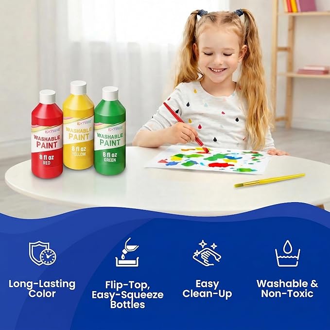 EXTRIC Washable Paint for Kids - 6 Bold Colors x 8 oz Bottles (48 fl oz Total) Non-Toxic Easy Clean Tempera Kid Paint Rich Pigment Paints for Toddlers, Classroom & Arts and Crafts